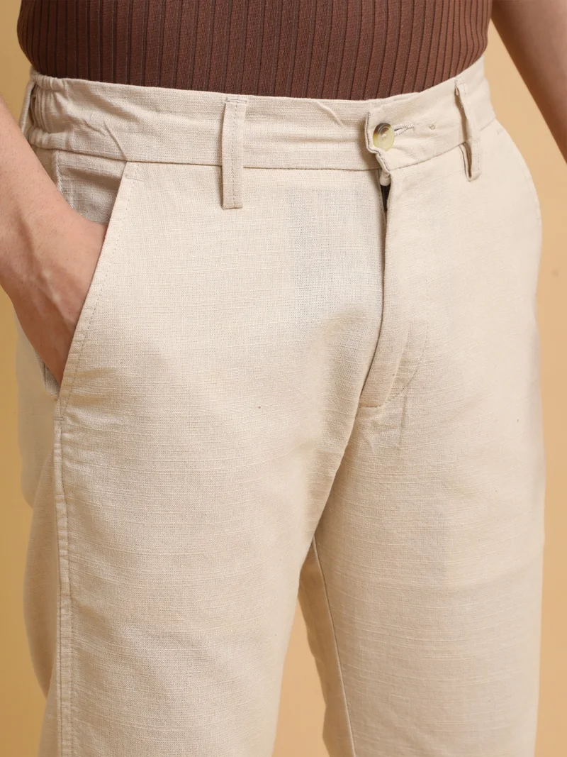 Maniac  Maniac Mens Italy Linen Solid Cream Cotton Trouser for Men | Best Price UAE